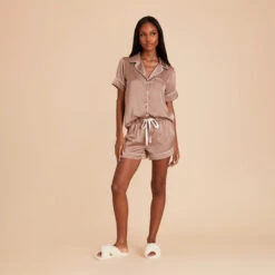 Jonny Satin Pajama Set - Mocha -Elegance Bridal Store mocha jonny satin short sleeve bridesmaid pajamas set 02