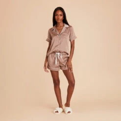 Jonny Satin Pajama Set - Mocha -Elegance Bridal Store mocha jonny satin short sleeve bridesmaid pajamas set 05
