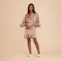 Kenny Ruffle Satin Robe - Mocha