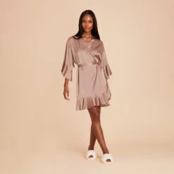Kenny Ruffle Satin Robe - Mocha 18 Kenny Ruffle Satin Robe - Mocha -Elegance Bridal Store mocha kenny satin ruffle bridesmaid robe 04