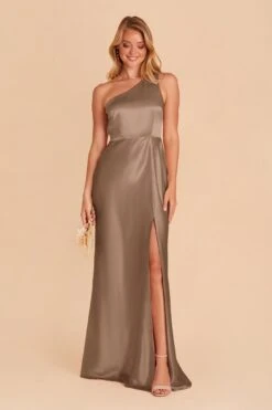 Kira Shiny Satin Dress - Mocha -Elegance Bridal Store mocha kira slit satin bridesmaid dress 02