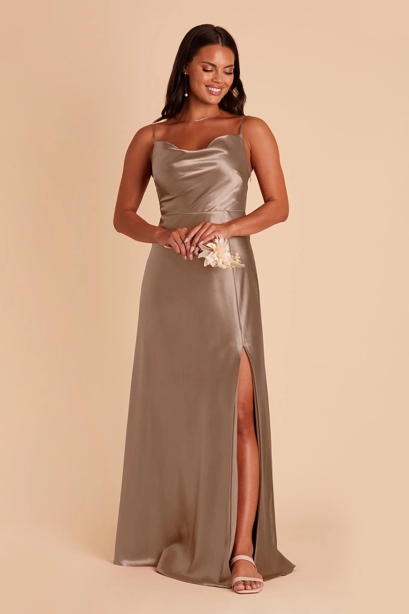 Lisa Long Shiny Satin Dress - Mocha 6 Lisa Long Shiny Satin Dress - Mocha - Image 4