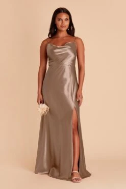 Lisa Long Shiny Satin Dress - Mocha