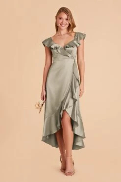 James Shiny Satin Midi Dress - Moss Green -Elegance Bridal Store moss green james satin bridesmaid dress 07
