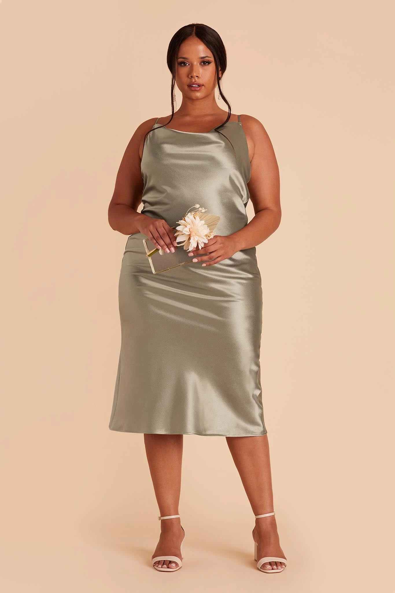 Lisa Shiny Satin Midi Dress - Moss Green - Image 6