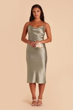 Lisa Shiny Satin Midi Dress - Moss Green