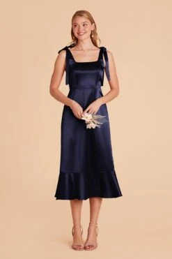 Eugenia Shiny Satin Convertible Midi Dress - Navy -Elegance Bridal Store navy eugenia convertible satin bridesmaid dress 02