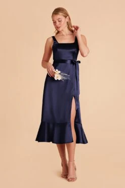 Eugenia Shiny Satin Convertible Midi Dress - Navy -Elegance Bridal Store navy eugenia convertible satin bridesmaid dress 04