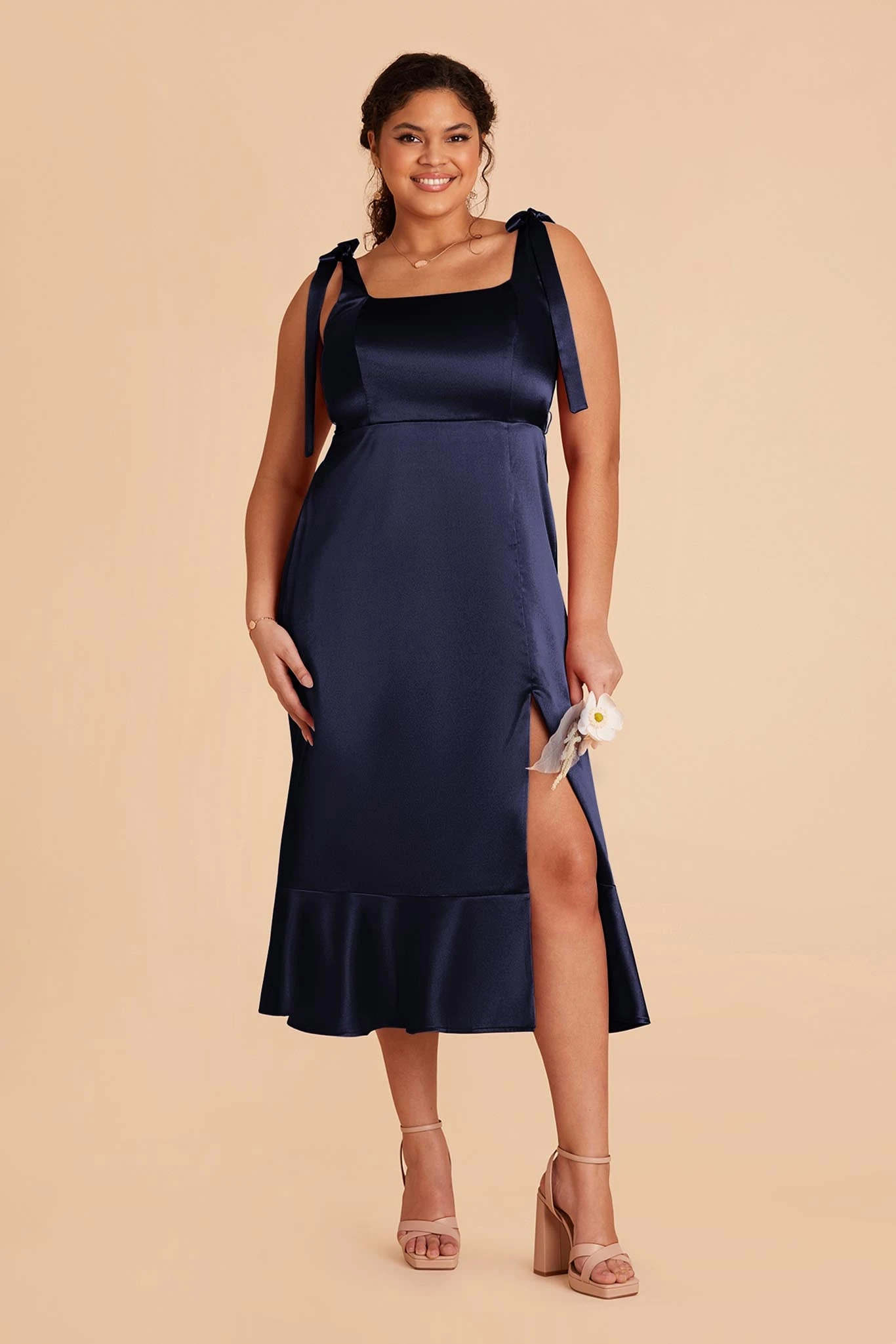 Eugenia Shiny Satin Convertible Midi Dress - Navy - Image 2
