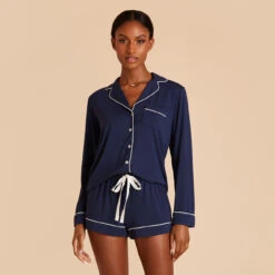 Jonny Long Sleeve Pajama Set - Navy 11 Jonny Long Sleeve Pajama Set - Navy -Elegance Bridal Store navy jonny long sleeve shorts set bridesmaid pajamas 02