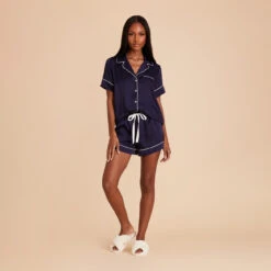 Jonny Satin Pajama Set - Navy -Elegance Bridal Store navy jonny satin short sleeve bridesmaid pajamas set 02