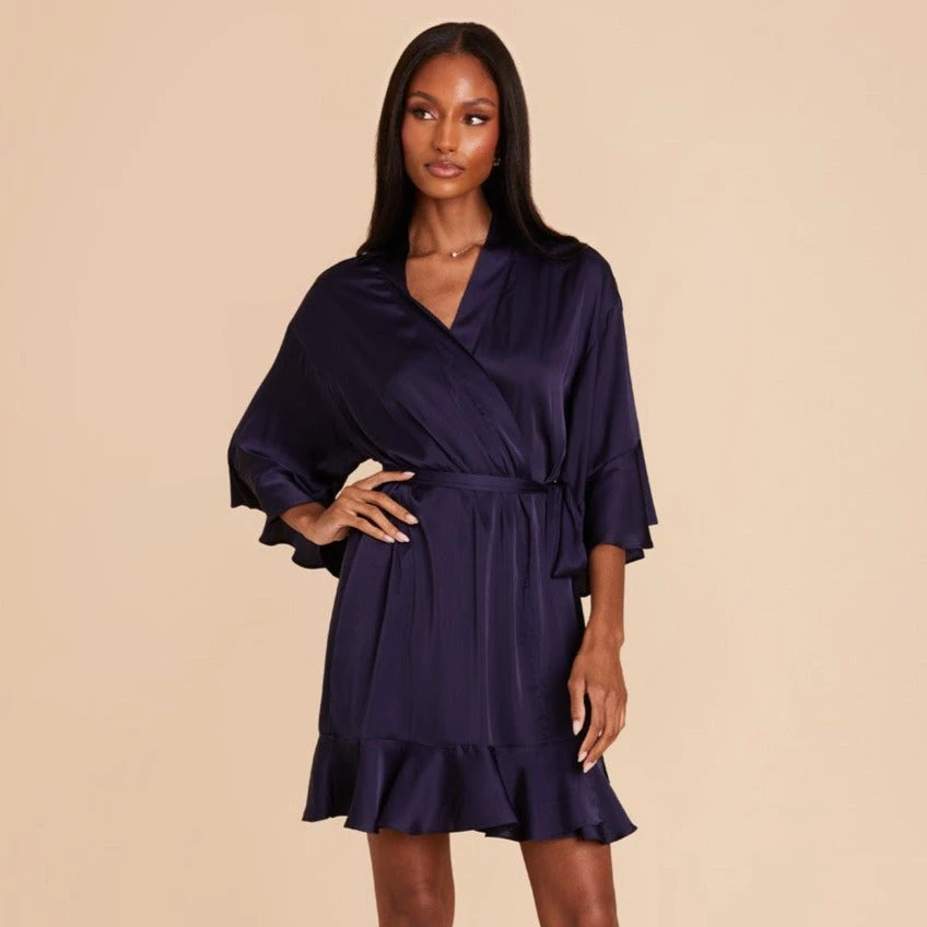 Kenny Ruffle Satin Robe - Navy 3 Kenny Ruffle Satin Robe - Navy