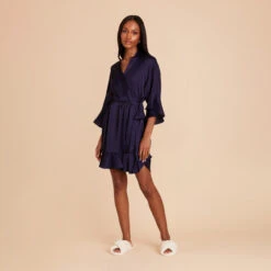 Kenny Ruffle Satin Robe - Navy 15 Kenny Ruffle Satin Robe - Navy -Elegance Bridal Store navy kenny satin ruffle bridesmaid robe 03