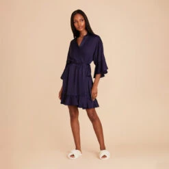 Kenny Ruffle Satin Robe - Navy 16 Kenny Ruffle Satin Robe - Navy -Elegance Bridal Store navy kenny satin ruffle bridesmaid robe 04