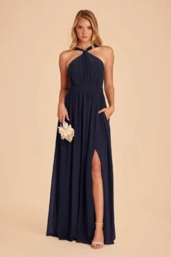 Kiko Chiffon Dress - Navy -Elegance Bridal Store navy kiko slit bridesmaid dress 02