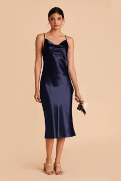 Lisa Shiny Satin Midi Dress - Navy