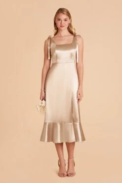 Eugenia Shiny Satin Convertible Midi Dress - Neutral Champagne -Elegance Bridal Store neutral champagne eugenia convertible satin bridesmaid dress 01