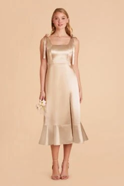 Eugenia Shiny Satin Convertible Midi Dress - Neutral Champagne -Elegance Bridal Store neutral champagne eugenia convertible satin bridesmaid dress 02