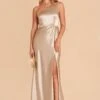 Kira Shiny Satin Dress - Neutral Champagne -Elegance Bridal Store neutral champagne kira satin slit bridesmaid dress 01