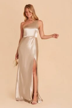Kira Shiny Satin Dress - Neutral Champagne 13 Kira Shiny Satin Dress - Neutral Champagne -Elegance Bridal Store neutral champagne kira satin slit bridesmaid dress 02