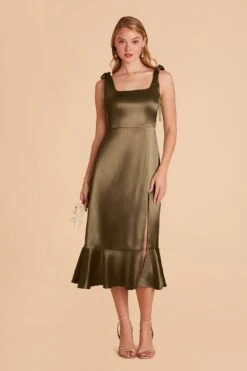 Eugenia Shiny Satin Convertible Midi Dress - Olive -Elegance Bridal Store olive eugenia convertible satin bridesmaid dress 02