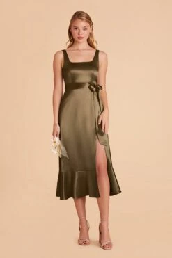 Eugenia Shiny Satin Convertible Midi Dress - Olive -Elegance Bridal Store olive eugenia convertible satin bridesmaid dress 04