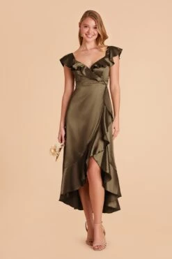 James Shiny Satin Midi Dress - Olive -Elegance Bridal Store olive james satin bridesmaid dress 02
