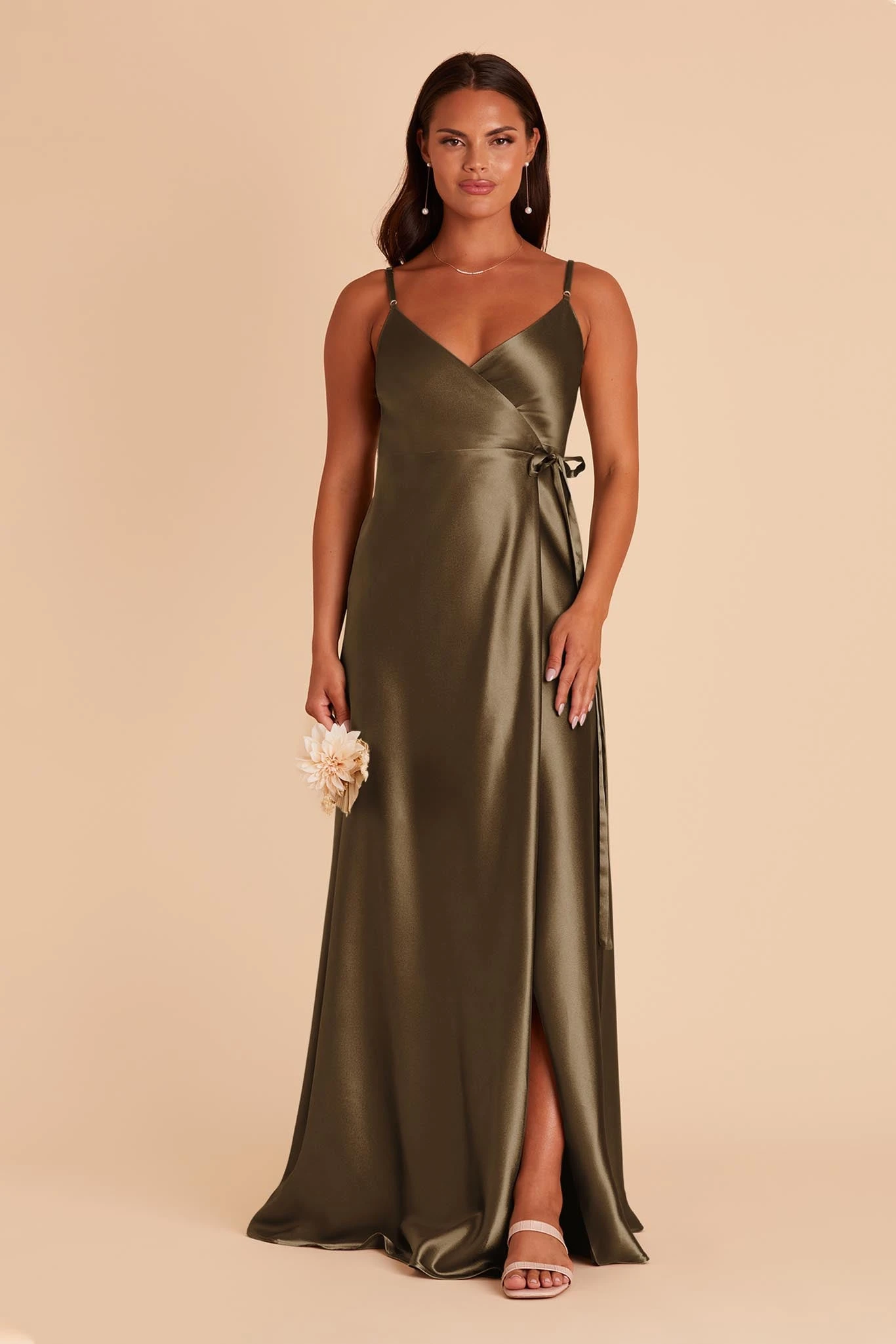 Cindy Shiny Satin Dress - Olive 6 Cindy Shiny Satin Dress - Olive - Image 4