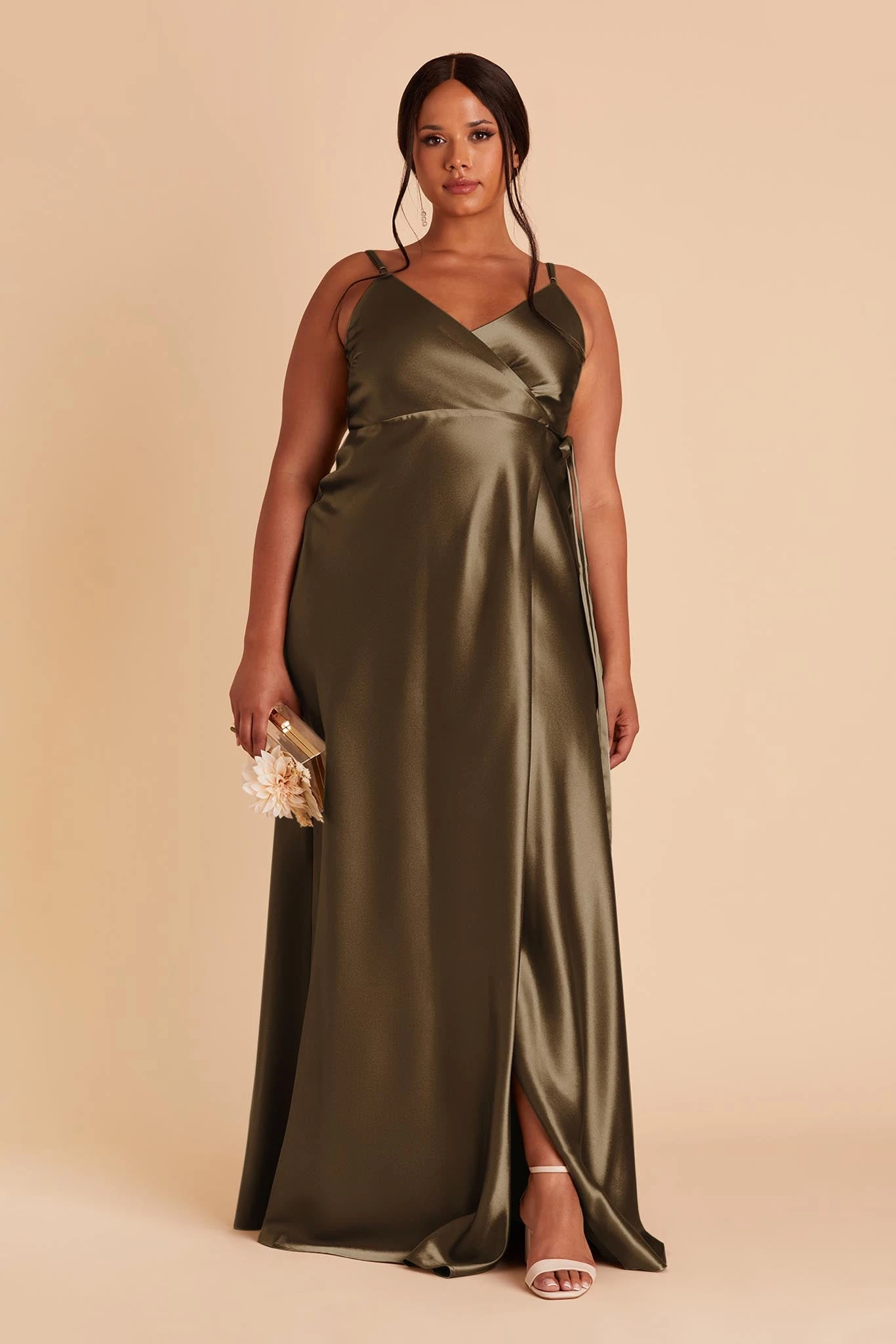 Cindy Shiny Satin Dress - Olive 4 Cindy Shiny Satin Dress - Olive - Image 2