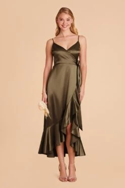 YC Shiny Satin Midi Dress - Olive