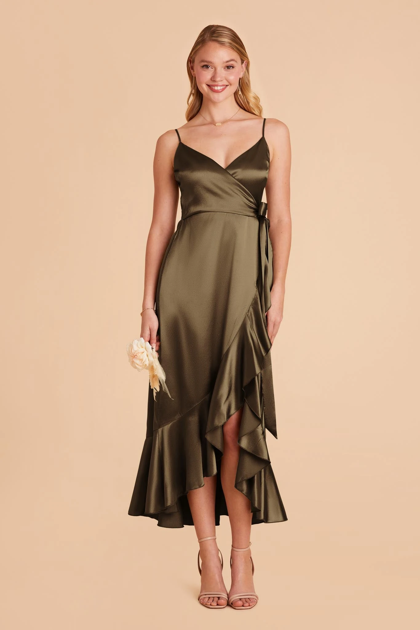 YC Shiny Satin Midi Dress - Olive 3 YC Shiny Satin Midi Dress - Olive