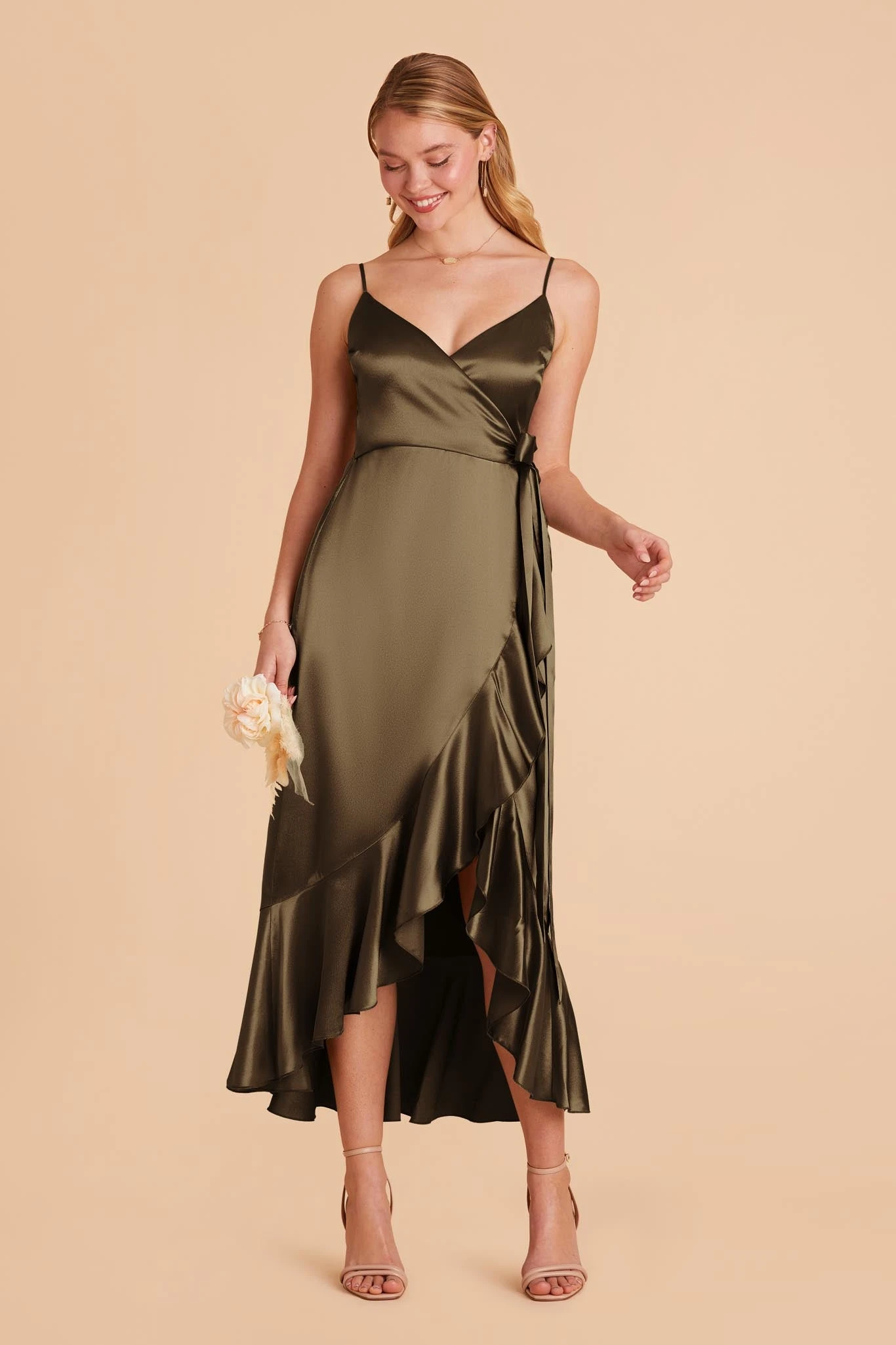 YC Shiny Satin Midi Dress - Olive 5 YC Shiny Satin Midi Dress - Olive - Image 3