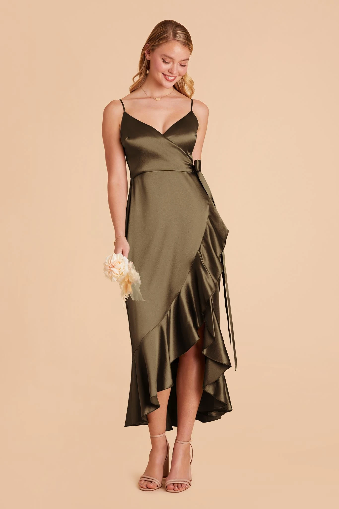 YC Shiny Satin Midi Dress - Olive 4 YC Shiny Satin Midi Dress - Olive - Image 2