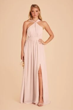 Kiko Chiffon Dress - Pale Blush -Elegance Bridal Store pale blush kiko slit bridesmaid dress 02