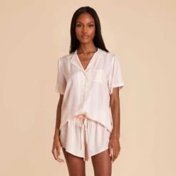 Eddie Pajama Set - Pink Stripe -Elegance Bridal Store pink striped eddie bridesmaid pajamas set 06