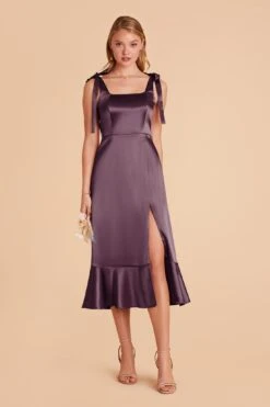 Eugenia Shiny Satin Convertible Midi Dress - Plum -Elegance Bridal Store plum eugenia convertible satin bridesmaid dress 01
