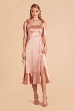 Eugenia Shiny Satin Convertible Midi Dress - Rose Gold