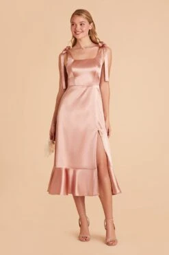 Eugenia Shiny Satin Convertible Midi Dress - Rose Gold -Elegance Bridal Store rose gold eugenia convertible satin bridesmaid dress 02