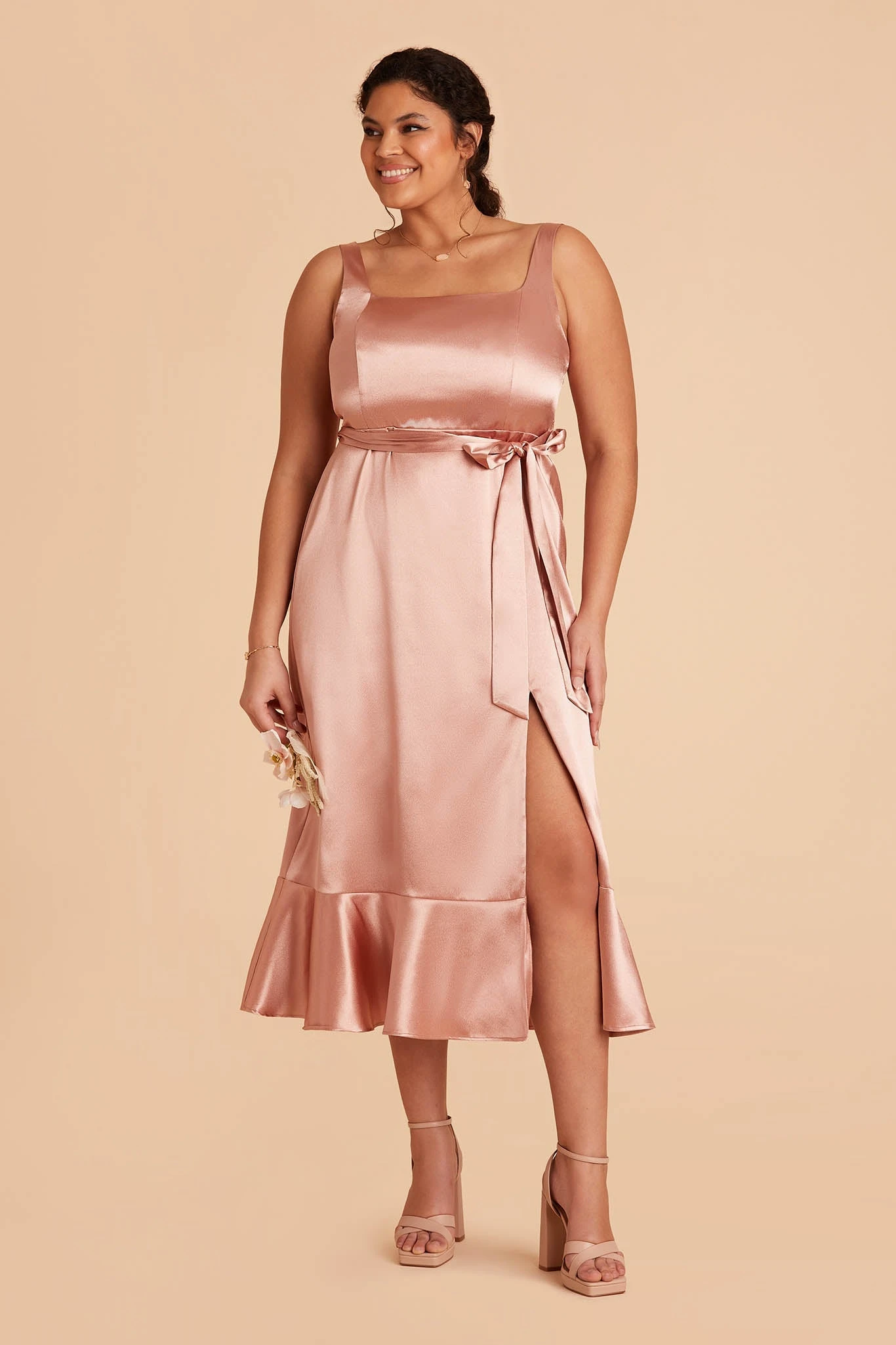 Eugenia Shiny Satin Convertible Midi Dress - Rose Gold - Image 8