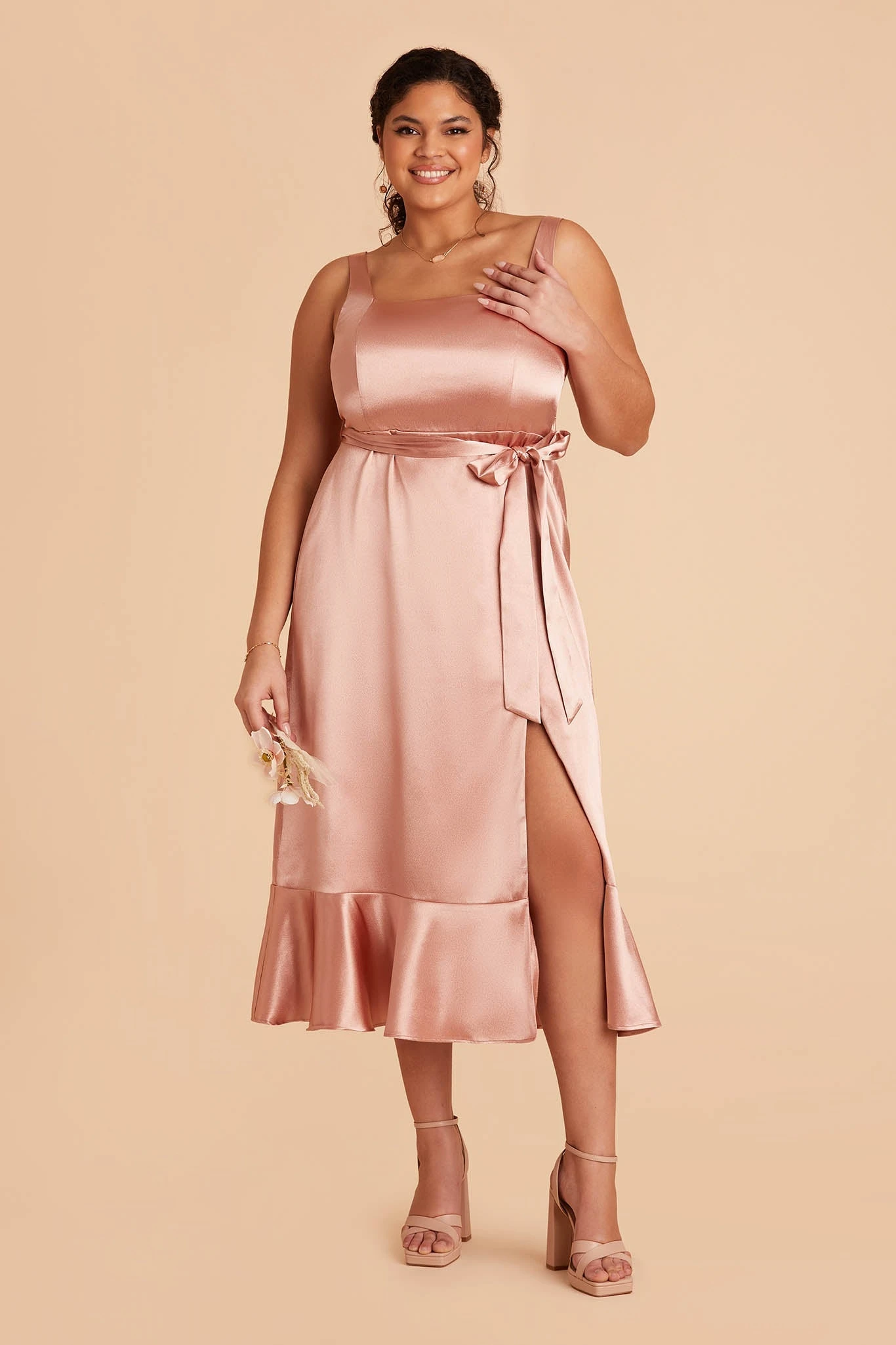Eugenia Shiny Satin Convertible Midi Dress - Rose Gold - Image 10