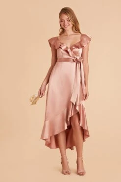 James Shiny Satin Midi Dress - Rose Gold -Elegance Bridal Store rose gold james satin bridesmaid dress 02