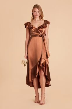 James Shiny Satin Midi Dress - Rust -Elegance Bridal Store rust james satin bridesmaid dress 01