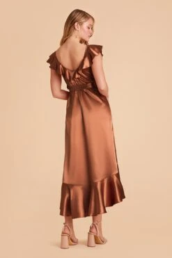 James Shiny Satin Midi Dress - Rust -Elegance Bridal Store rust james satin bridesmaid dress 03