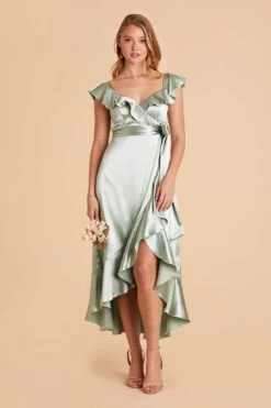 James Shiny Satin Midi Dress - Sage 27 James Shiny Satin Midi Dress - Sage -Elegance Bridal Store sage james satin bridesmaid dress 01