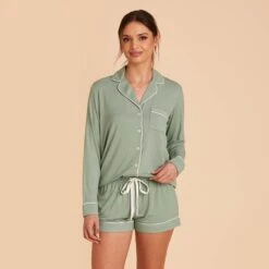 Jonny Long Sleeve Pajama Set - Sage -Elegance Bridal Store sage jonny long sleeve bridesmaid pajama set 02