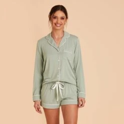 Jonny Long Sleeve Pajama Set - Sage -Elegance Bridal Store sage jonny long sleeve bridesmaid pajama set 04