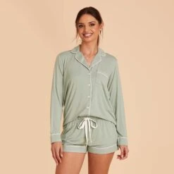 Jonny Long Sleeve Pajama Set - Sage -Elegance Bridal Store sage jonny long sleeve bridesmaid pajama set 05