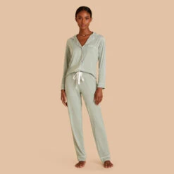 Jonny Long Sleeve Pajama And Pants Set - Sage -Elegance Bridal Store sage jonny long sleeve pants set bridesmaid pajamas 04