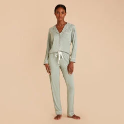 Jonny Long Sleeve Pajama And Pants Set - Sage -Elegance Bridal Store sage jonny long sleeve pants set bridesmaid pajamas 05