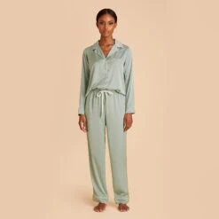 Jonny Long Sleeves And Pants Satin PJ Set - Sage -Elegance Bridal Store sage jonny satin long sleeve set bridesmaid pajamas 01